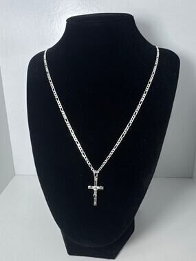 P.LUX Sterling Silver 925Crucifix Pendant Necklace 24 Inch Figaro Chain 9g Italy